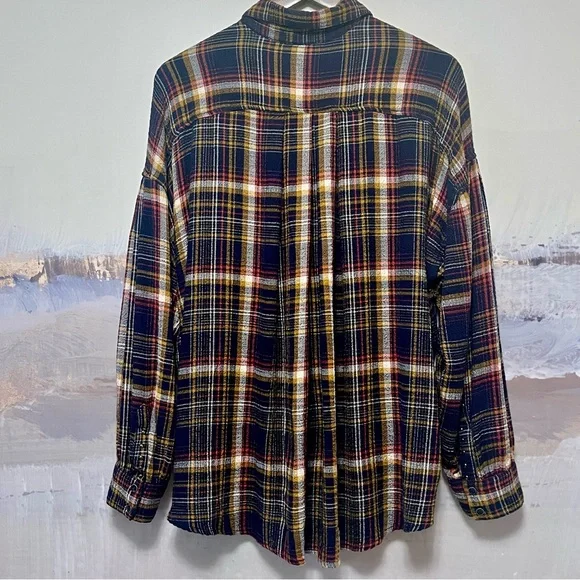 WE THE FREE PEOPLE Blue Plaid Flannel Shirt RIVETED Womens S Button Up Oversized - Picture 5 of 16